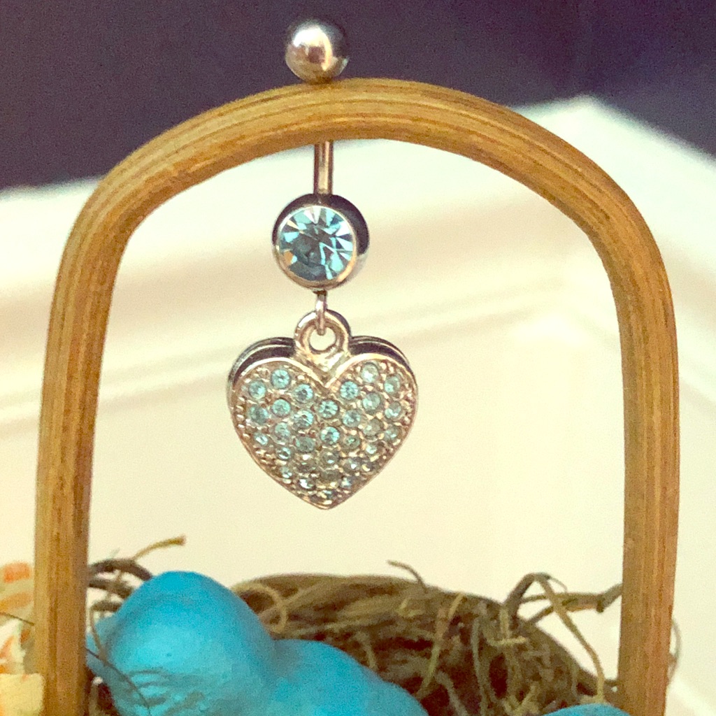 Pave’ Aqua Cz’s Dangle Heart Shape Belly Ring